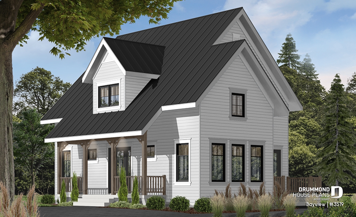 front - BASE MODEL - Attractive small 3 bedrooms country house plan, 2 baths cottage house plan, planning desk, mezzanine, veranda - Bayview