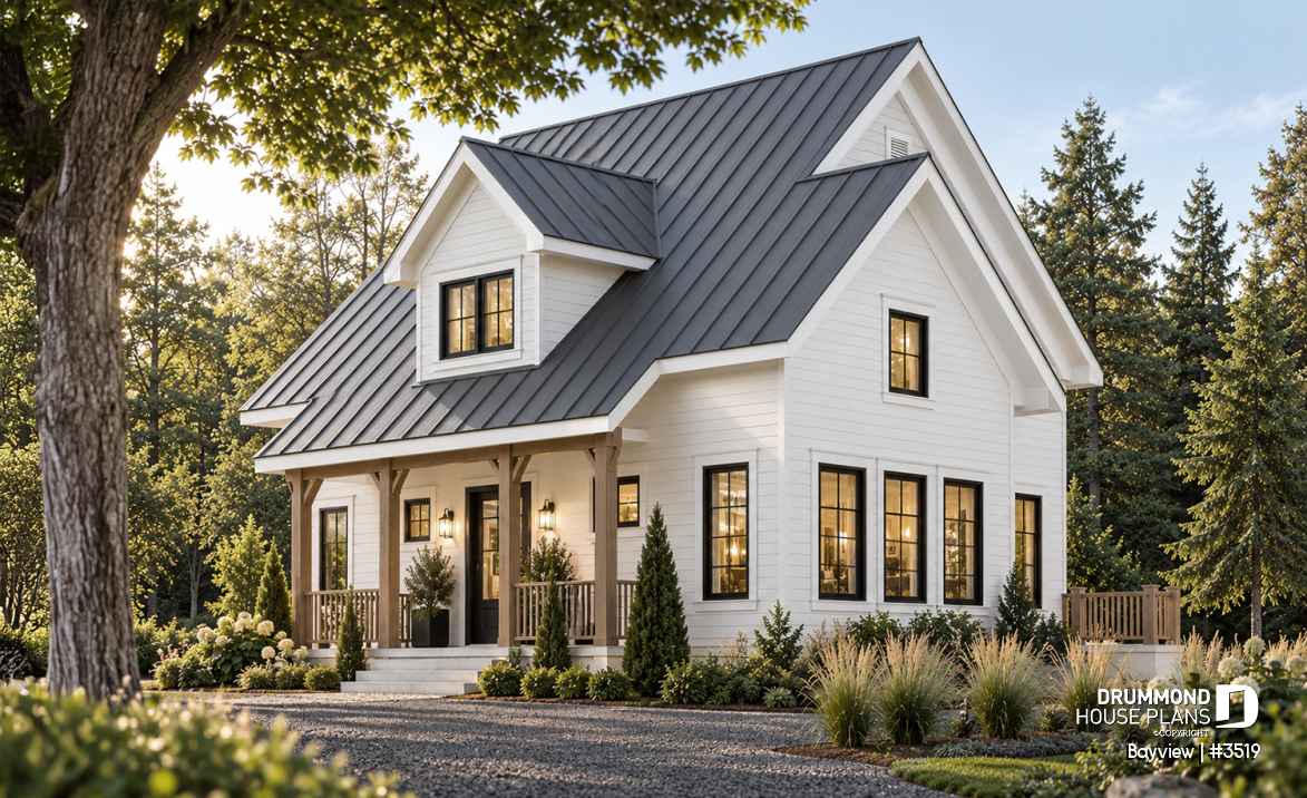 front - BASE MODEL - Attractive small 3 bedrooms country house plan, 2 baths cottage house plan, planning desk, mezzanine, veranda - Bayview