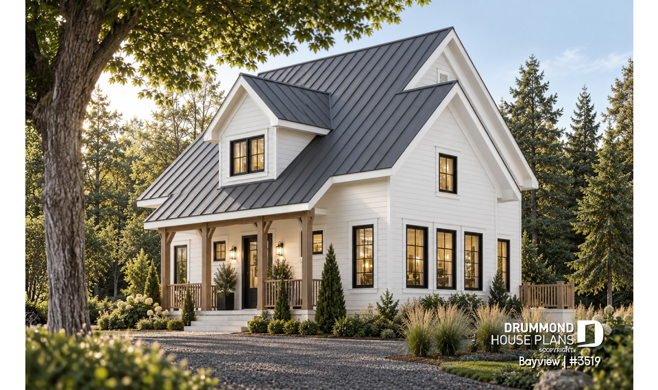 front - BASE MODEL - Attractive small 3 bedrooms country house plan, 2 baths cottage house plan, planning desk, mezzanine, veranda - Bayview
