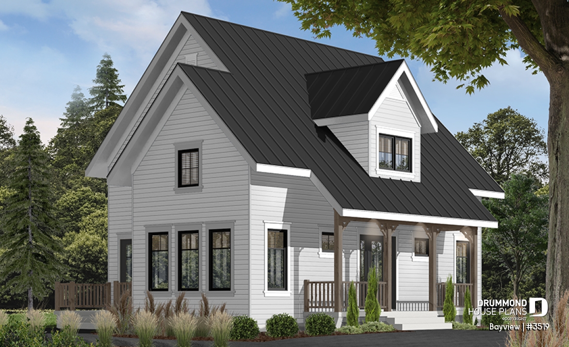 front - BASE MODEL - Attractive small 3 bedrooms country house plan, 2 baths cottage house plan, planning desk, mezzanine, veranda - Bayview