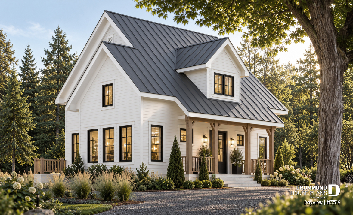front - BASE MODEL - Attractive small 3 bedrooms country house plan, 2 baths cottage house plan, planning desk, mezzanine, veranda - Bayview