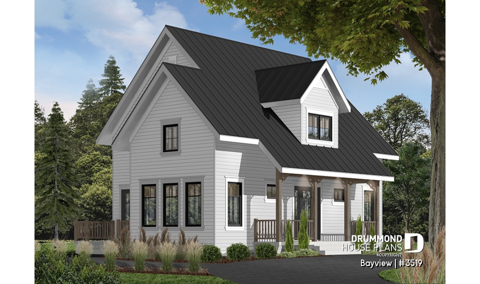 front - BASE MODEL - Attractive small 3 bedrooms country house plan, 2 baths cottage house plan, planning desk, mezzanine, veranda - Bayview
