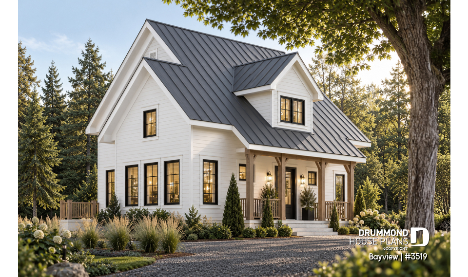 front - BASE MODEL - Attractive small 3 bedrooms country house plan, 2 baths cottage house plan, planning desk, mezzanine, veranda - Bayview