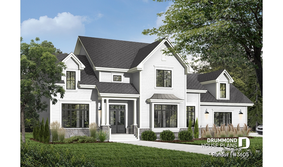 Color version 1 - Front - Large modern farmhouse with 4 master suites, large bonus room above 3-car garage, home office, 11' ceiling - Randolf