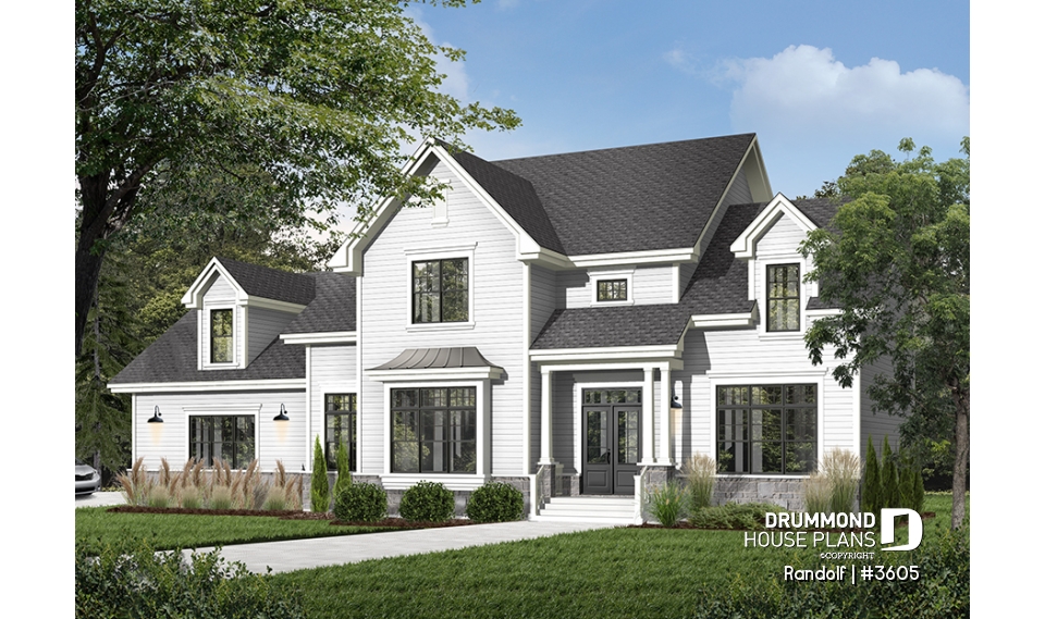 Color version 1 - Front - Large modern farmhouse with 4 master suites, large bonus room above 3-car garage, home office, 11' ceiling - Randolf