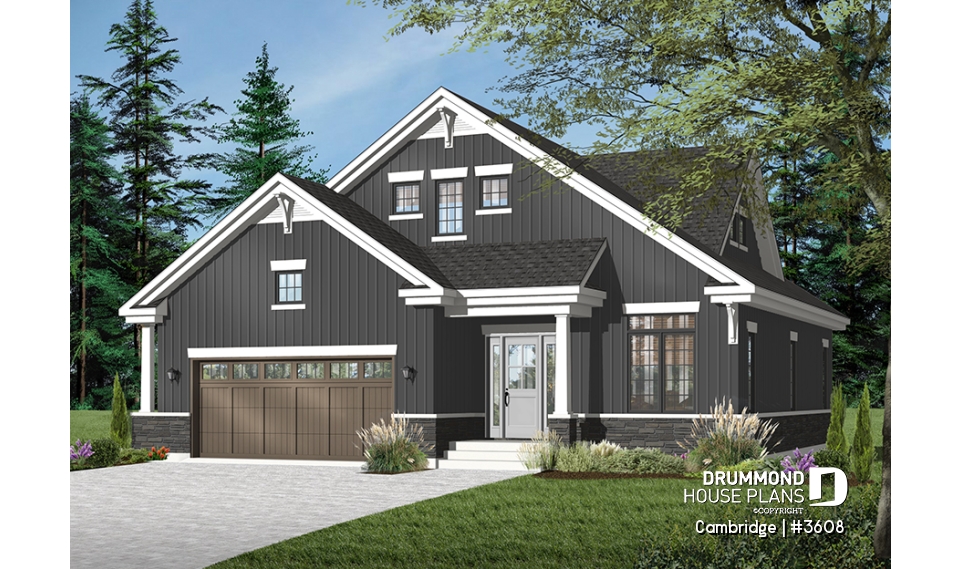 Color version 4 - Front - 4-5 Bedroom Bungalow house plan, 2-car garage, large covered deck, laundry and master suite on main floor - Cambridge