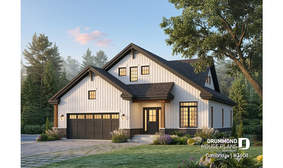 front - BASE MODEL - 4-5 Bedroom Bungalow house plan, 2-car garage, large covered deck, laundry and master suite on main floor - Cambridge