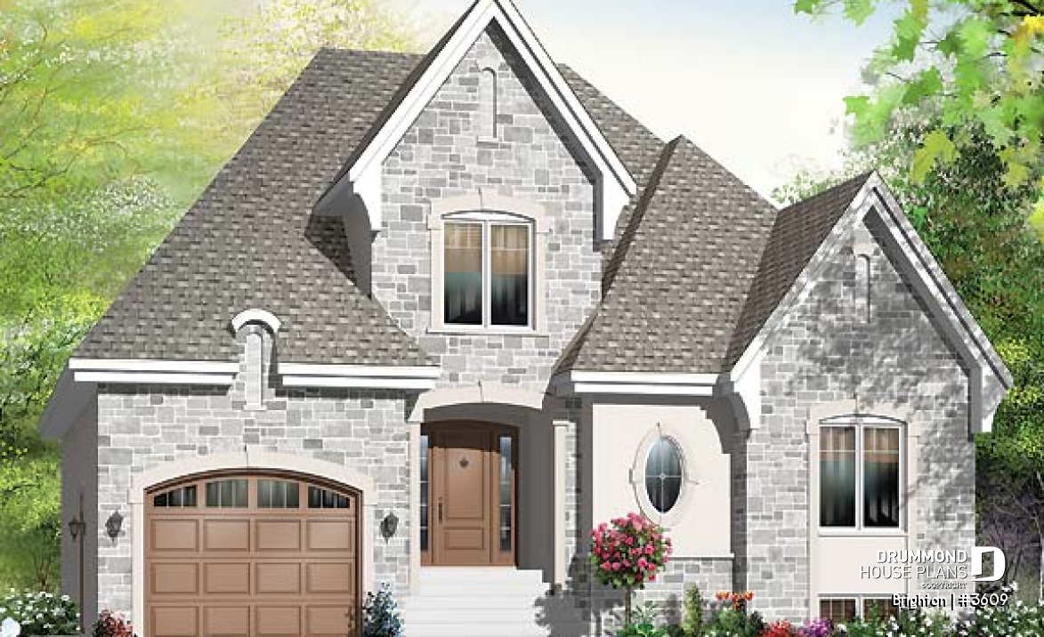 front - BASE MODEL - European style house plan, 3 bedroom with 2 living rooms, large kitchen and garage - Brighton