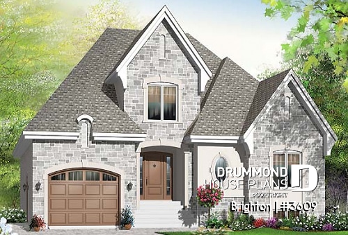 front - BASE MODEL - European style house plan, 3 bedroom with 2 living rooms, large kitchen and garage - Brighton