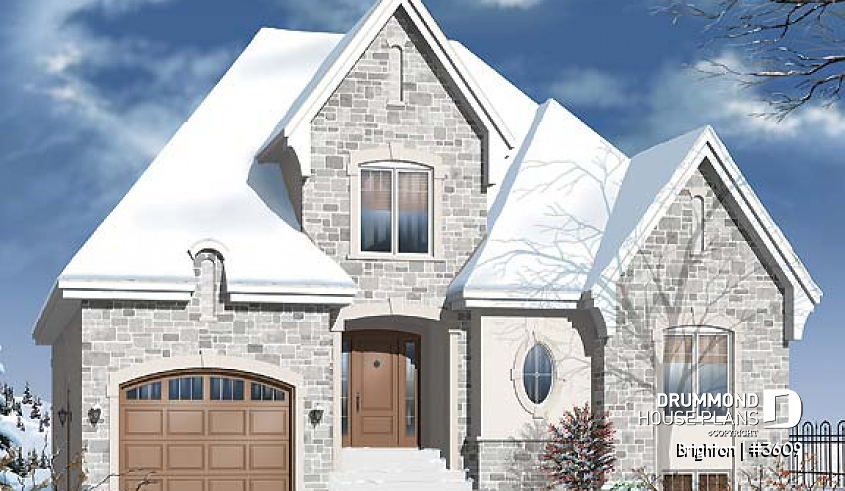 front - BASE MODEL - European style house plan, 3 bedroom with 2 living rooms, large kitchen and garage - Brighton