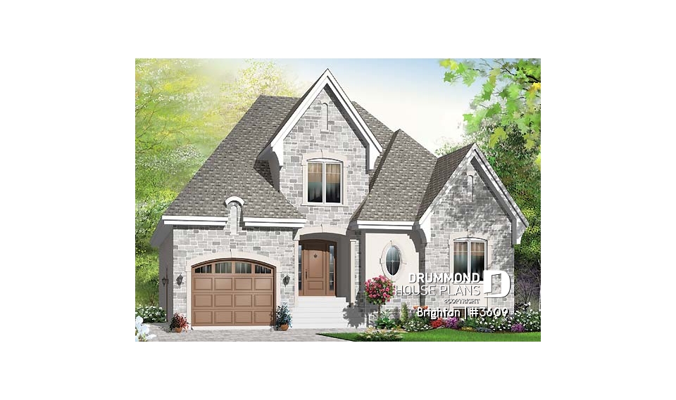 front - BASE MODEL - European style house plan, 3 bedroom with 2 living rooms, large kitchen and garage - Brighton