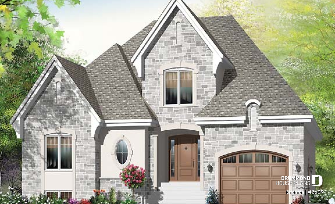 front - BASE MODEL - European style house plan, 3 bedroom with 2 living rooms, large kitchen and garage - Brighton