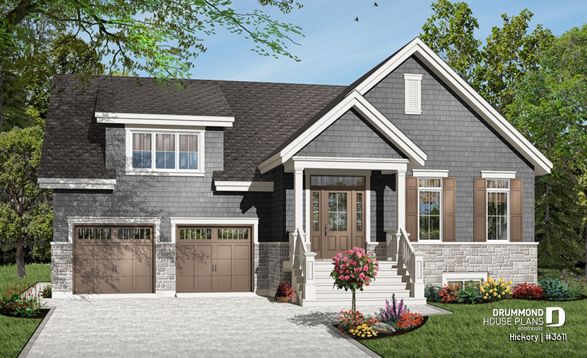 front - BASE MODEL - 3 bedroom Craftsman house plan, master on main floor, two-car garage, 9 ft. ceiling, pantry - Hickory