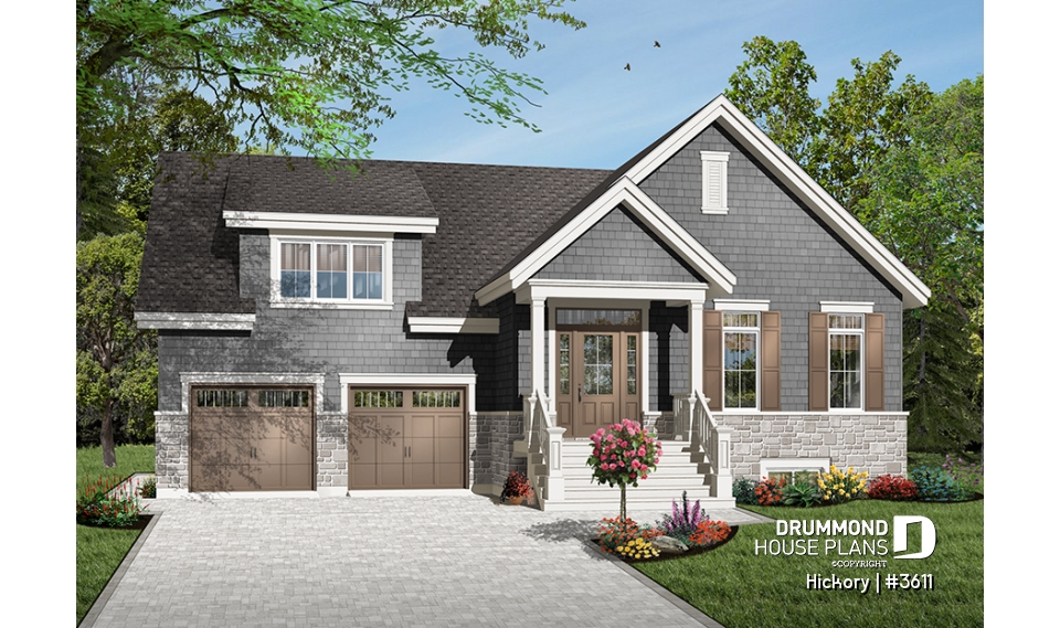front - BASE MODEL - 3 bedroom Craftsman house plan, master on main floor, two-car garage, 9 ft. ceiling, pantry - Hickory