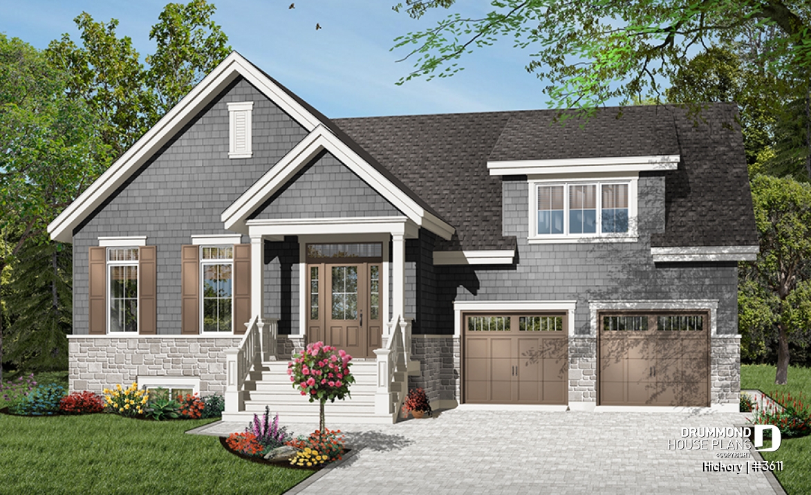 front - BASE MODEL - 3 bedroom Craftsman house plan, master on main floor, two-car garage, 9 ft. ceiling, pantry - Hickory