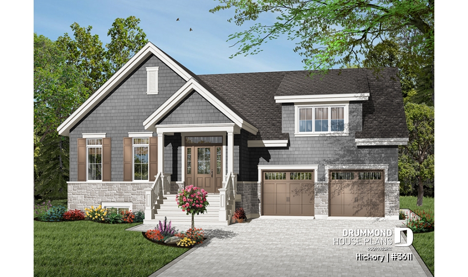 front - BASE MODEL - 3 bedroom Craftsman house plan, master on main floor, two-car garage, 9 ft. ceiling, pantry - Hickory