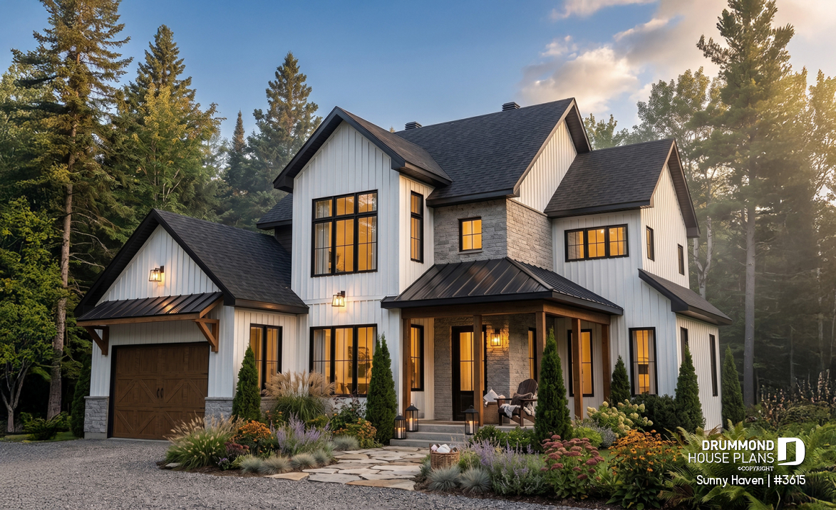 front - BASE MODEL - Modern Farmhouse home plan, 3 bedrooms, home office, 2.5 baths, garage, large covered terrace - Sunny Haven