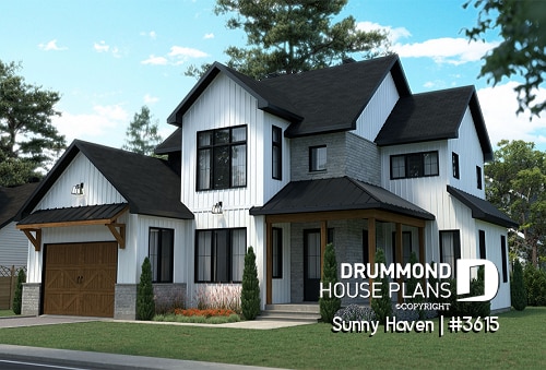 front - BASE MODEL - Modern Craftsman house plan, 3 bedrooms, home office, 2.5 baths, garage, large covered terrace - Sunny Haven