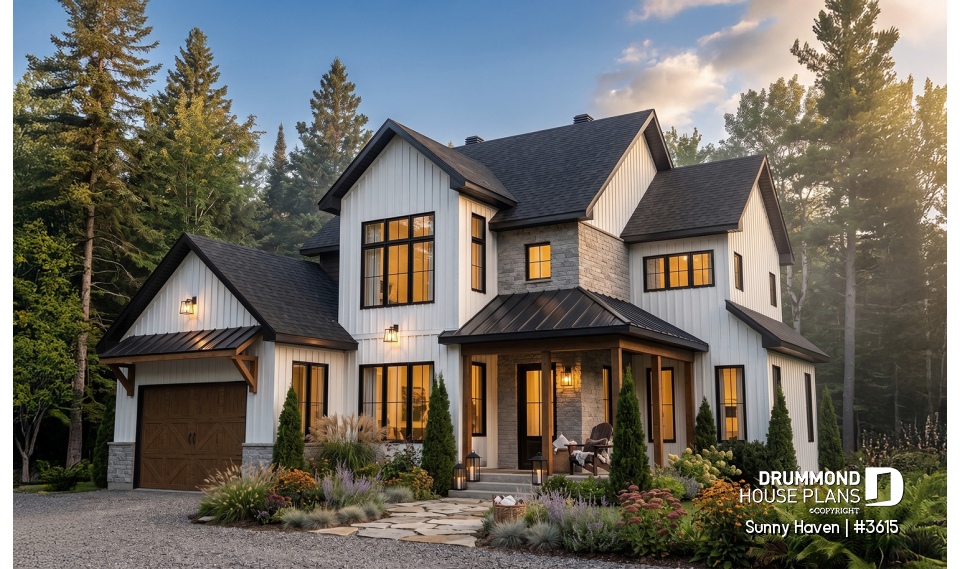 front - BASE MODEL - Modern Farmhouse home plan, 3 bedrooms, home office, 2.5 baths, garage, large covered terrace - Sunny Haven