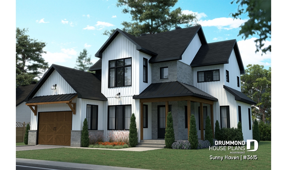 front - BASE MODEL - Modern Farmhouse home plan, 3 bedrooms, home office, 2.5 baths, garage, large covered terrace - Sunny Haven