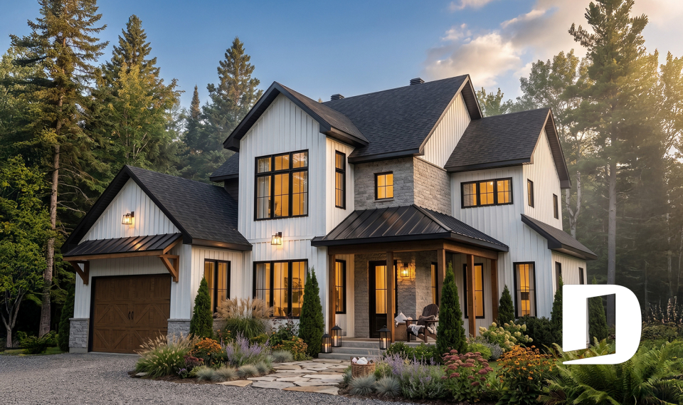 front - BASE MODEL - Modern Farmhouse home plan, 3 bedrooms, home office, 2.5 baths, garage, large covered terrace - Sunny Haven