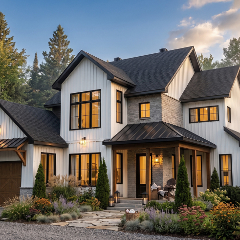 front - BASE MODEL - Modern Farmhouse home plan, 3 bedrooms, home office, 2.5 baths, garage, large covered terrace - Sunny Haven