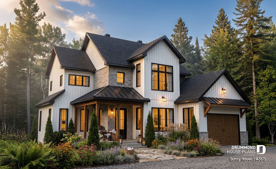 front - BASE MODEL - Modern Farmhouse home plan, 3 bedrooms, home office, 2.5 baths, garage, large covered terrace - Sunny Haven