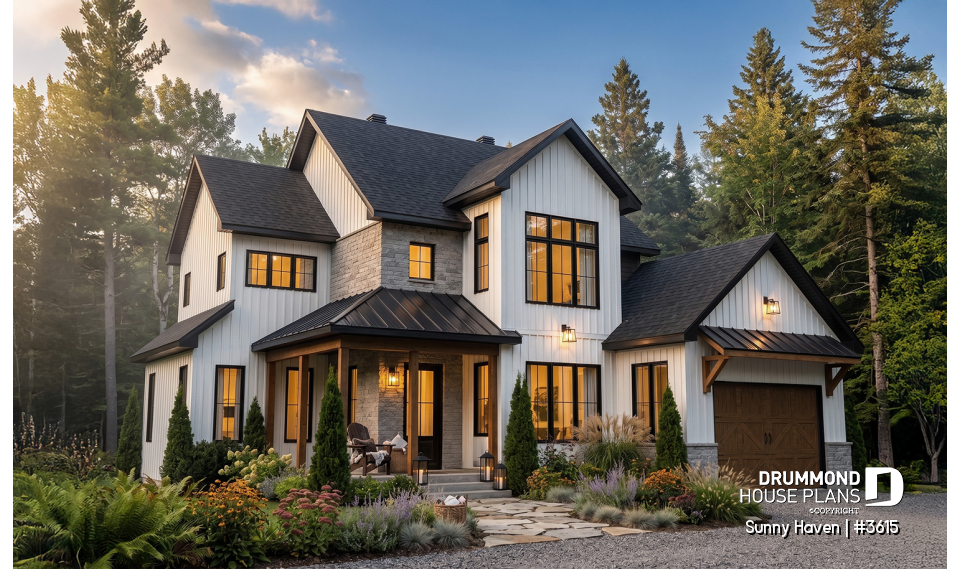 front - BASE MODEL - Modern Farmhouse home plan, 3 bedrooms, home office, 2.5 baths, garage, large covered terrace - Sunny Haven