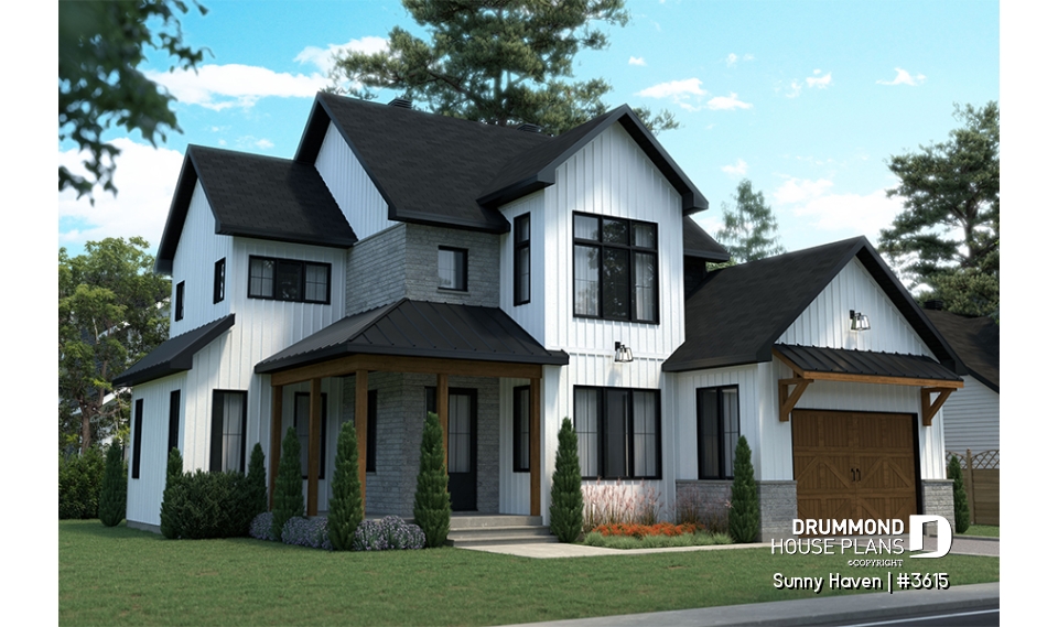 front - BASE MODEL - Modern Farmhouse home plan, 3 bedrooms, home office, 2.5 baths, garage, large covered terrace - Sunny Haven
