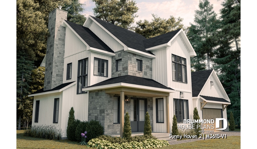 front - BASE MODEL - Modern Farmhouse plan, 3 bedrooms, 2.5 baths, 2-car garage, home office, mudroom, pantry - Sunny Haven 2