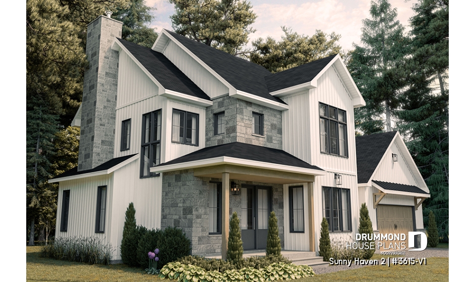 front - BASE MODEL - Modern Farmhouse plan, 3 bedrooms, 2.5 baths, 2-car garage, home office, mudroom, pantry - Sunny Haven 2