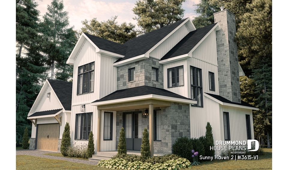 front - BASE MODEL - Modern Farmhouse plan, 3 bedrooms, 2.5 baths, 2-car garage, home office, mudroom, pantry - Sunny Haven 2