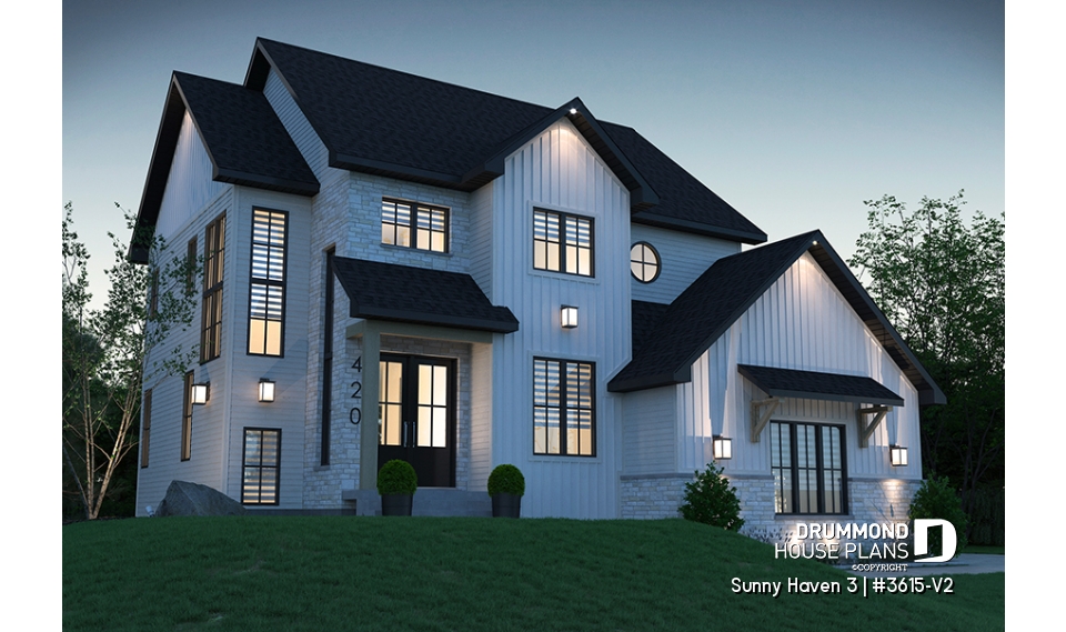 front - BASE MODEL - Great floor plans for this modern farmhouse: pantry, mudroom, home office, fireplace and more! - Sunny Haven 3