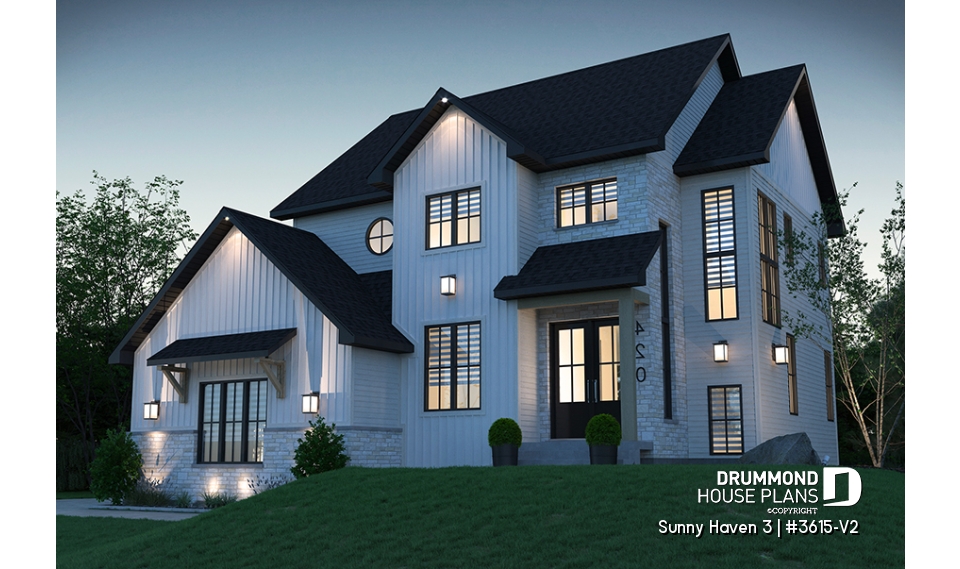 front - BASE MODEL - Great floor plans for this modern farmhouse: pantry, mudroom, home office, fireplace and more! - Sunny Haven 3