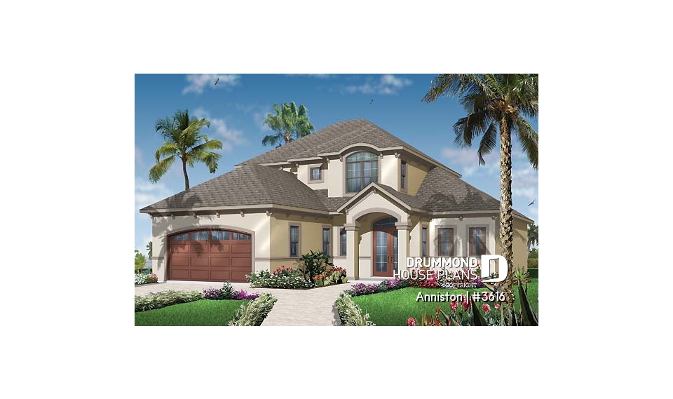 front - BASE MODEL - 4 bedroom Mediterranean style home plan, 3.5 baths, 2-car garage, mezzanine, pantry and kitchen island - Anniston