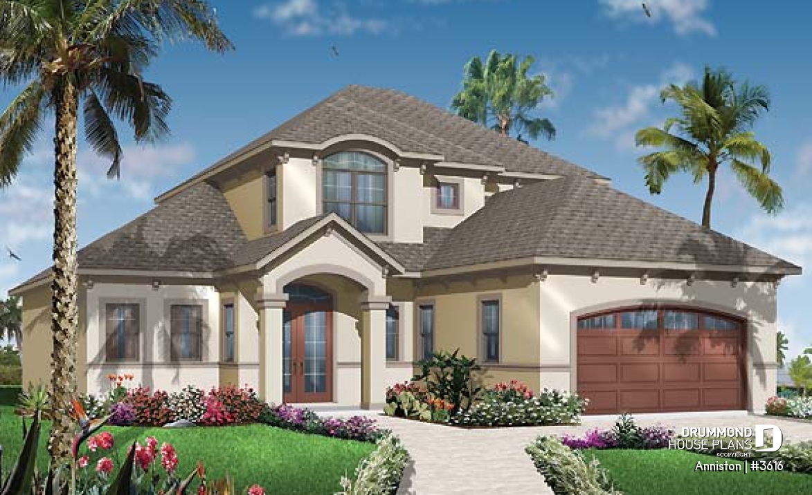 front - BASE MODEL - 4 bedroom Mediterranean style home plan, 3.5 baths, 2-car garage, mezzanine, pantry and kitchen island - Anniston