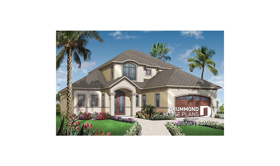 front - BASE MODEL - 4 bedroom Mediterranean style home plan, 3.5 baths, 2-car garage, mezzanine, pantry and kitchen island - Anniston