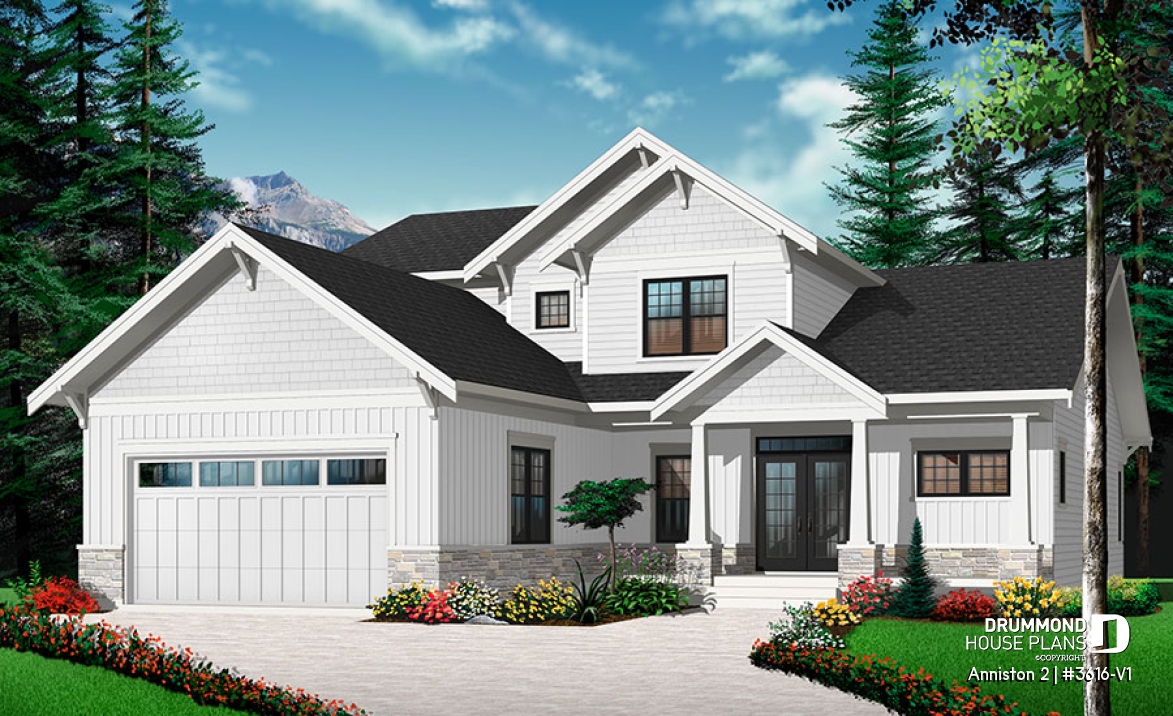 Color version 1 - Front - Cape cod style house plan, 4 bedrooms, home office for 2, open floor plan, pantry, 2-car garage - Anniston 2