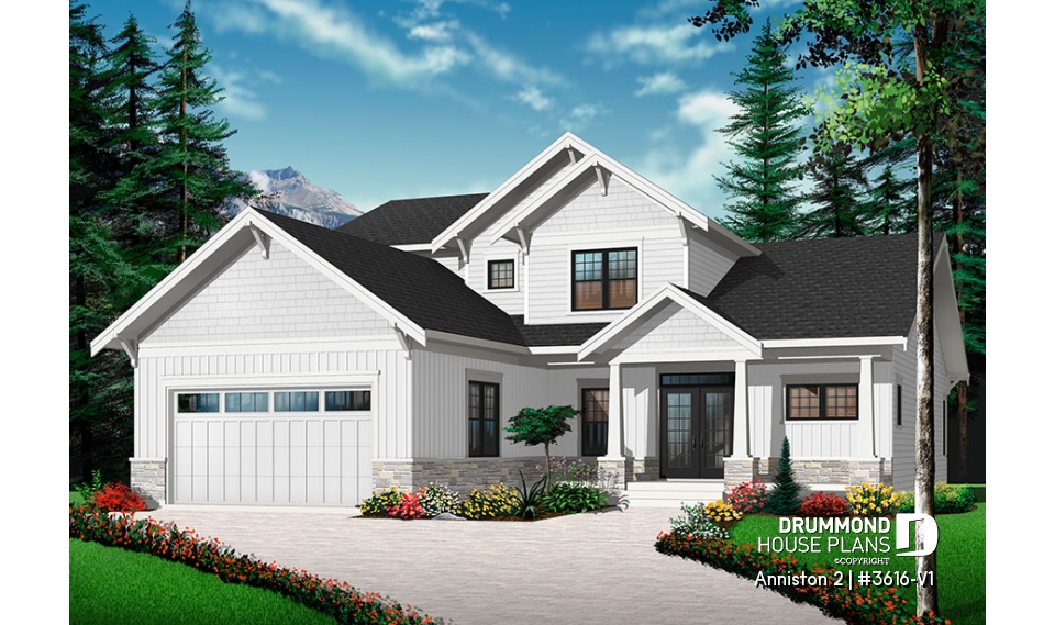 Color version 1 - Front - Cape cod style house plan, 4 bedrooms, home office for 2, open floor plan, pantry, 2-car garage - Anniston 2