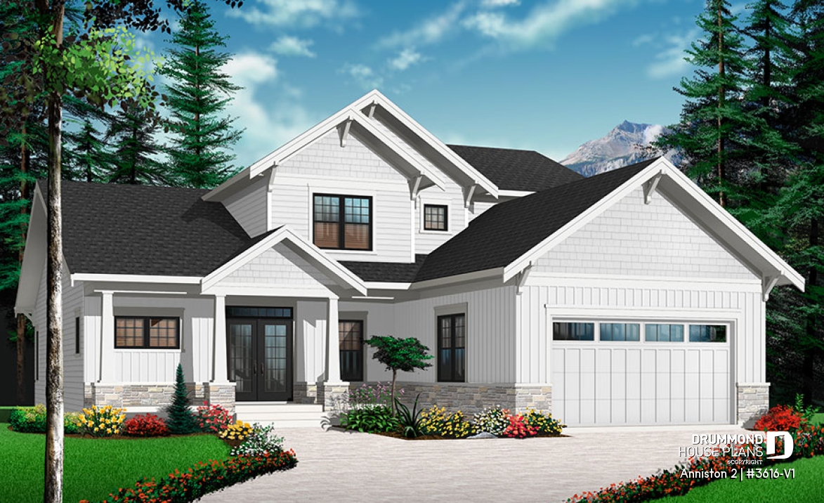 Color version 1 - Front - Cape cod style house plan, 4 bedrooms, home office for 2, open floor plan, pantry, 2-car garage - Anniston 2