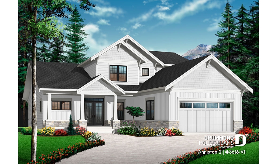 Color version 1 - Front - Cape cod style house plan, 4 bedrooms, home office for 2, open floor plan, pantry, 2-car garage - Anniston 2