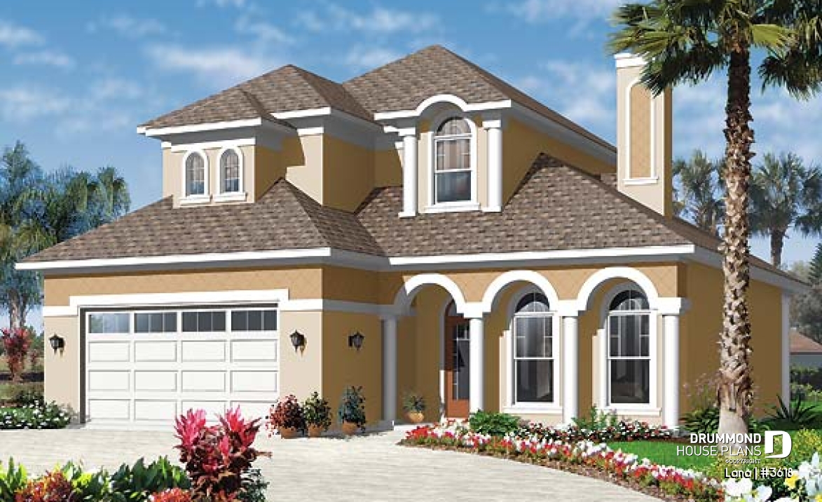 front - BASE MODEL - Spanish style home design, 4 to 5 bedrooms, master suite on main floor - Lana