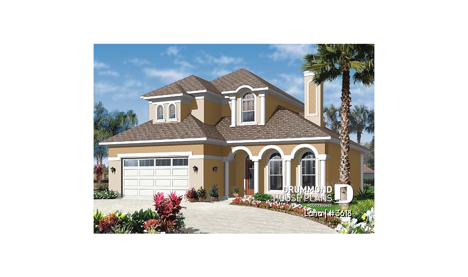front - BASE MODEL - Spanish style home design, 4 to 5 bedrooms, master suite on main floor - Lana