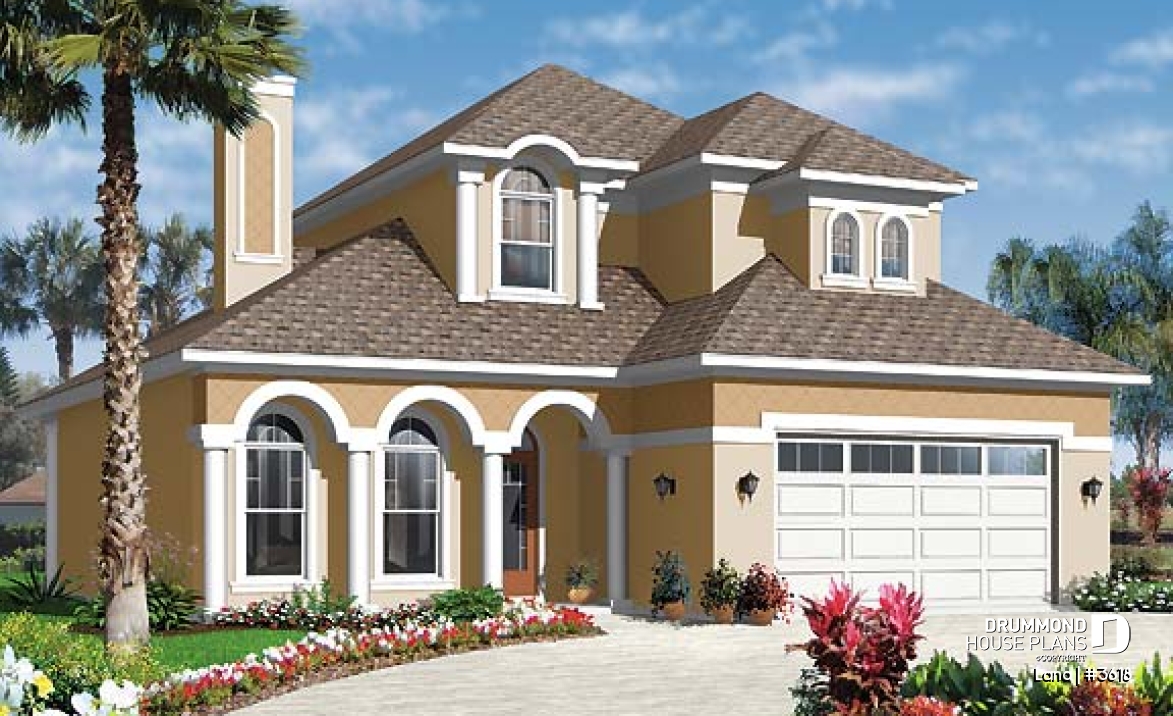 front - BASE MODEL - Spanish style home design, 4 to 5 bedrooms, master suite on main floor - Lana