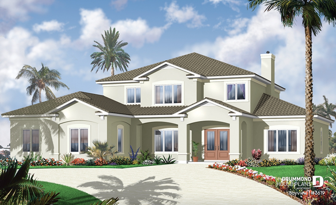 front - BASE MODEL - Mediterranean 6 bedroom luxury house plan, 2 master suites, formal living &amp; dining room, 3-car garage - Bayview