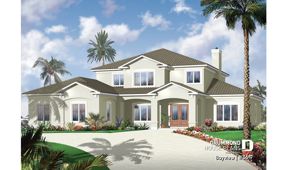front - BASE MODEL - Mediterranean 6 bedroom luxury house plan, 2 master suites, formal living &amp; dining room, 3-car garage - Bayview