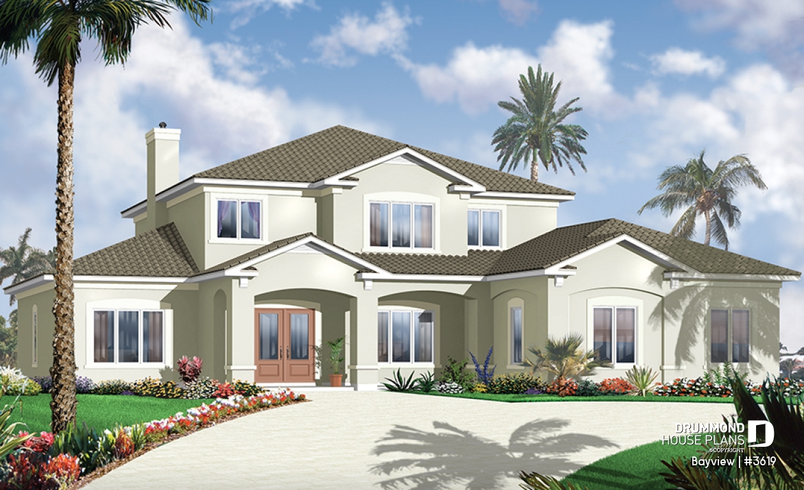 front - BASE MODEL - Mediterranean 6 bedroom luxury house plan, 2 master suites, formal living &amp; dining room, 3-car garage - Bayview