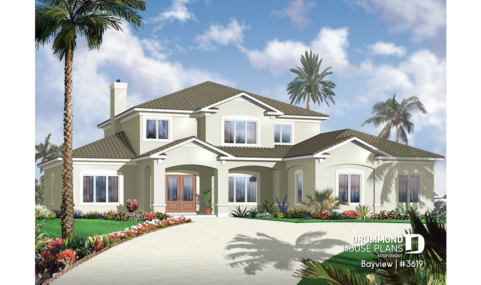 front - BASE MODEL - Mediterranean 6 bedroom luxury house plan, 2 master suites, formal living &amp; dining room, 3-car garage - Bayview