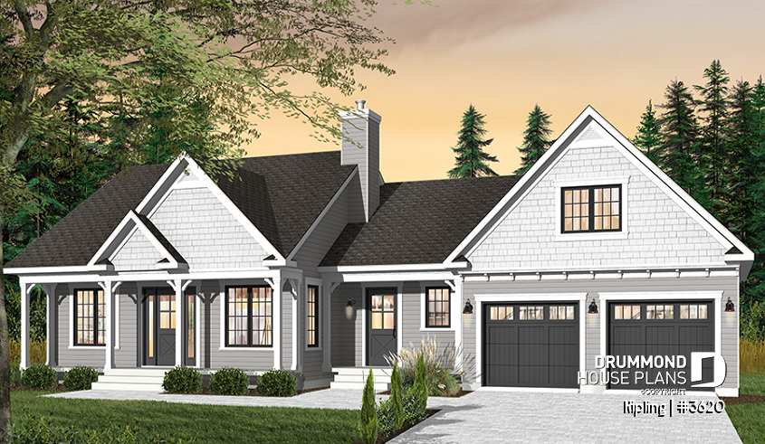 Color version 2 - Front - Modest 3 bedrooms 2 bathrooms ranch style house plan with 2-car garage, great master suite, open floor  - Kipling