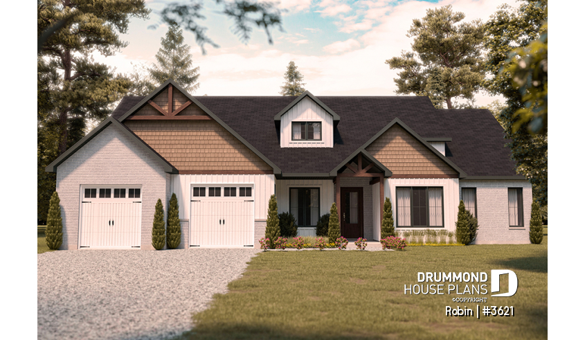 front - BASE MODEL - 3 to 6 bedroom ranch style house plan, home office, 2-car garage, kitchen with walk-in pantry - Robin